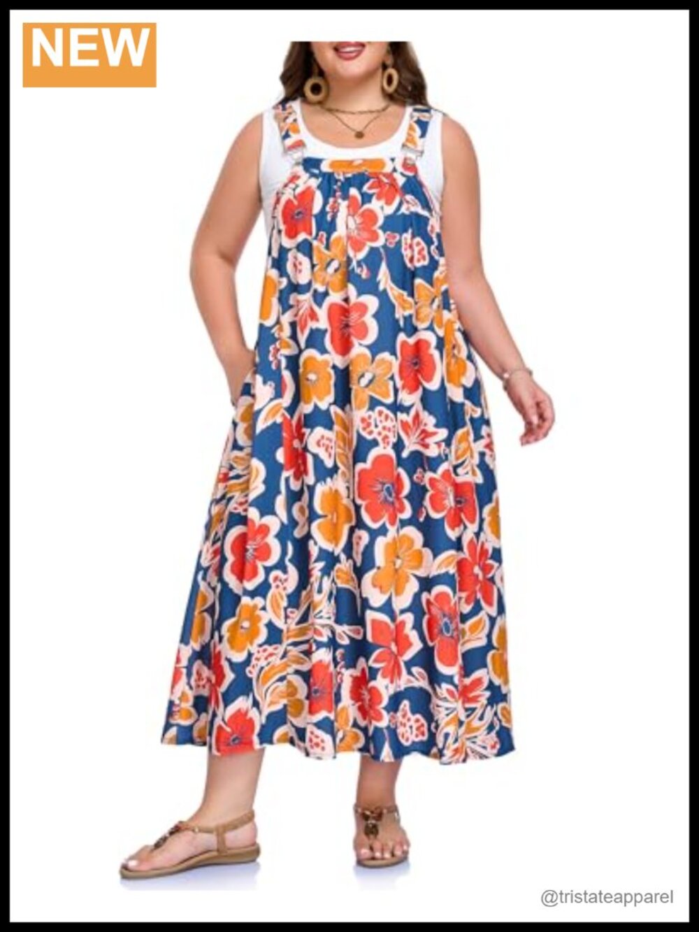 Plus Size Floral Maxi Overall Dress Adjustable Straps Pockets Summer Cover Up